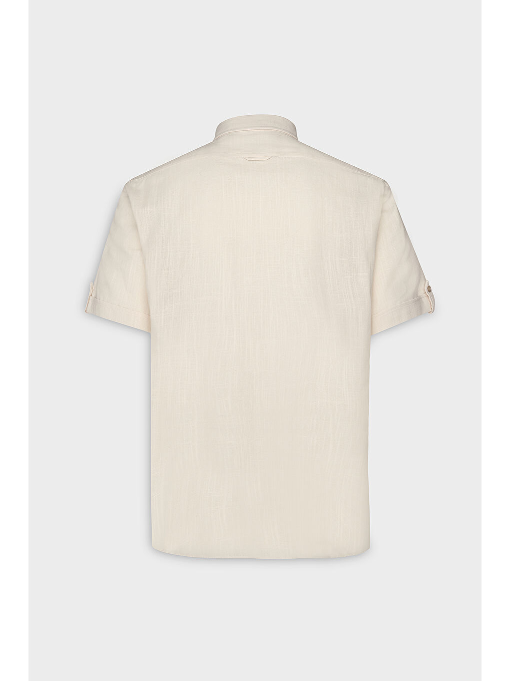 Erkek Bej Comfort Fit Rahat Kesim Gizli Düğmeli Yaka Keten Görünümlü %100 Pamuk Flamlı Gömlek-8