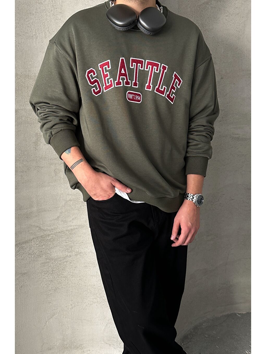 Haki Erkek Seattle Baskılı Oversize Sweatshirt