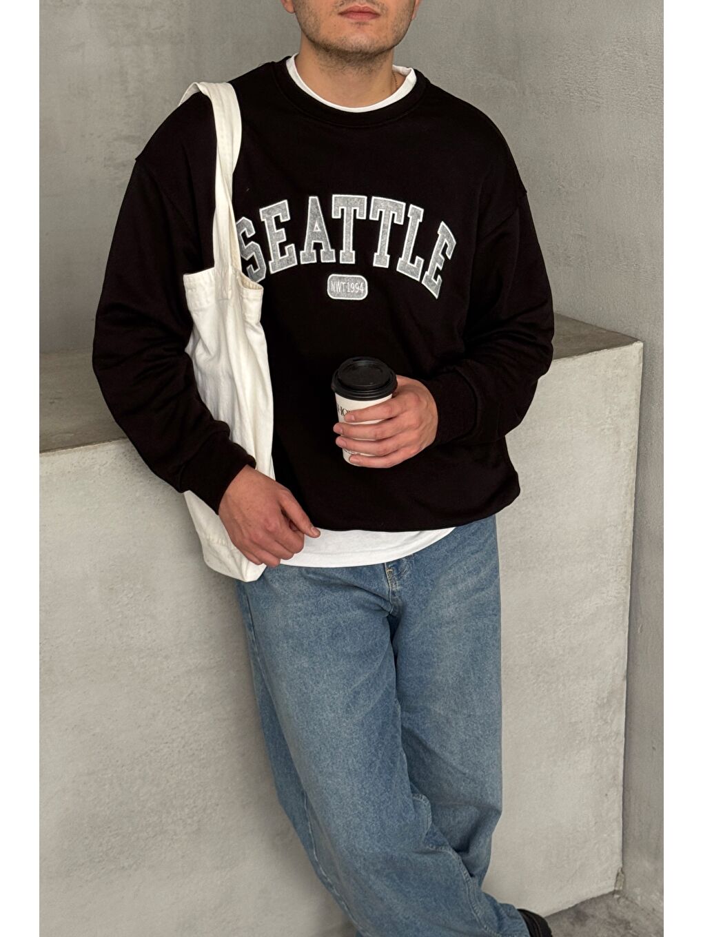 Siyah Erkek Seattle Baskılı Oversize Sweatshirt