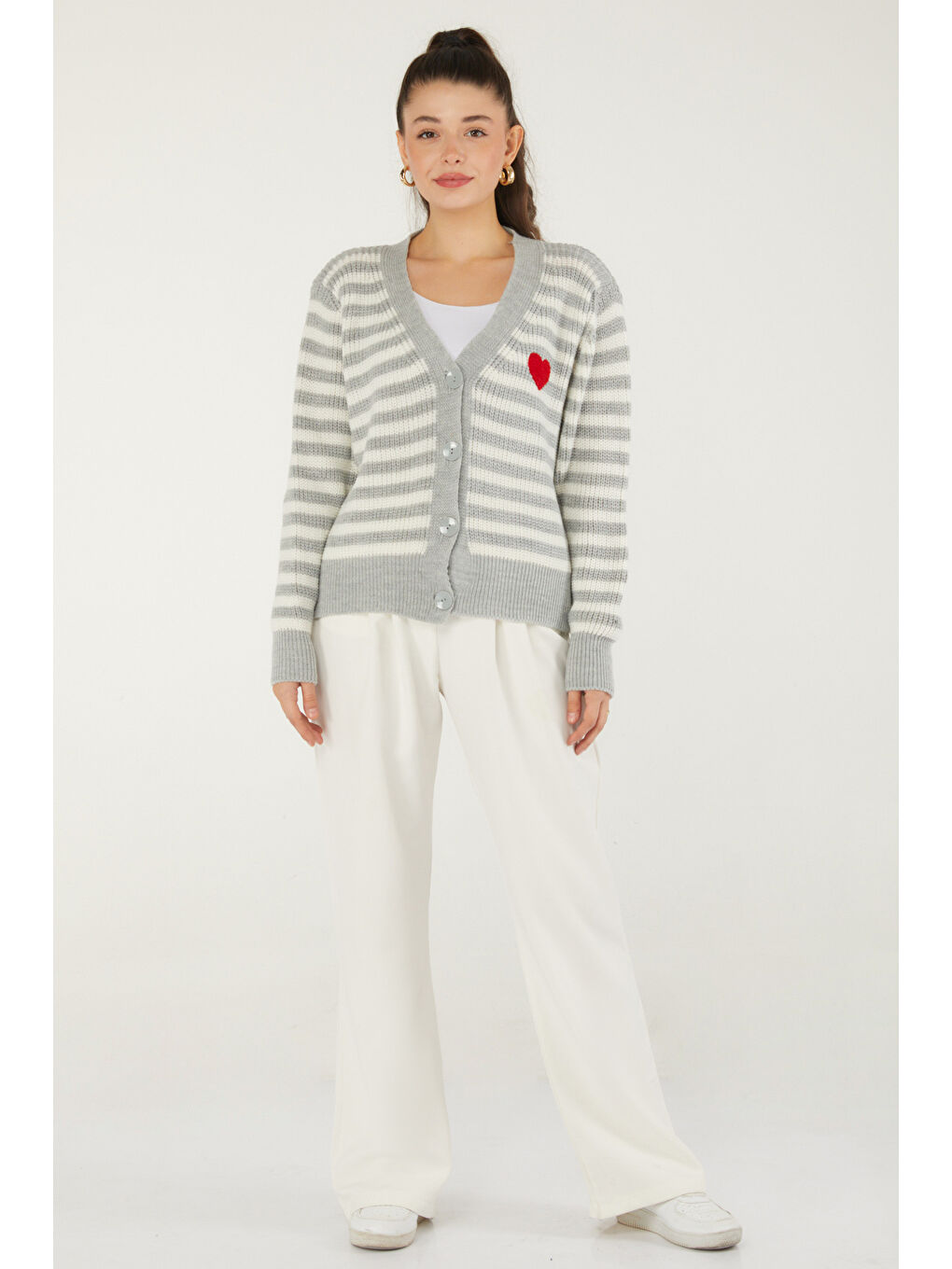 Çizgili Kalpli Triko Hırka Gri - 27637-1