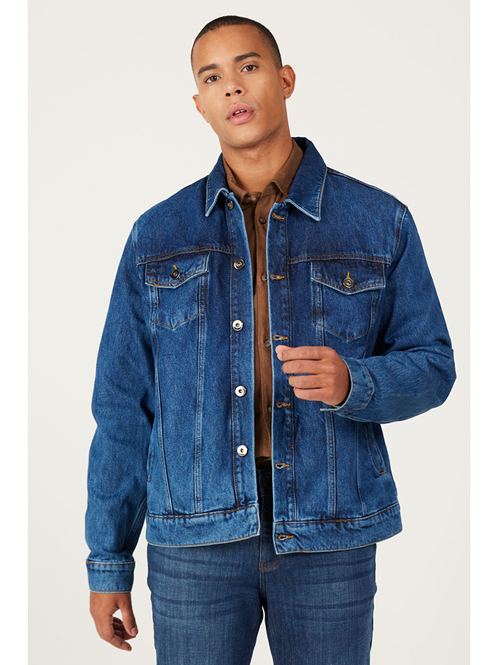 Erkek Lacivert Standart Fit Normal Kesim %100 Pamuk Denim Jean Ceket