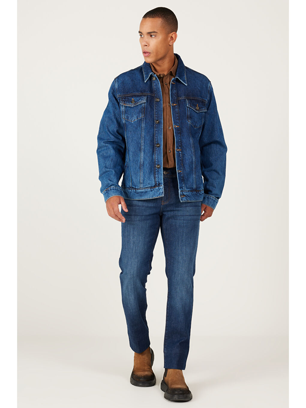 Erkek Lacivert Standart Fit Normal Kesim %100 Pamuk Denim Jean Ceket-1