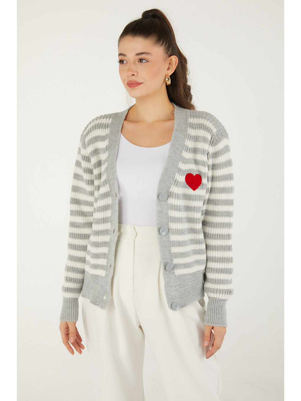 Çizgili Kalpli Triko Hırka Gri - 27637-2