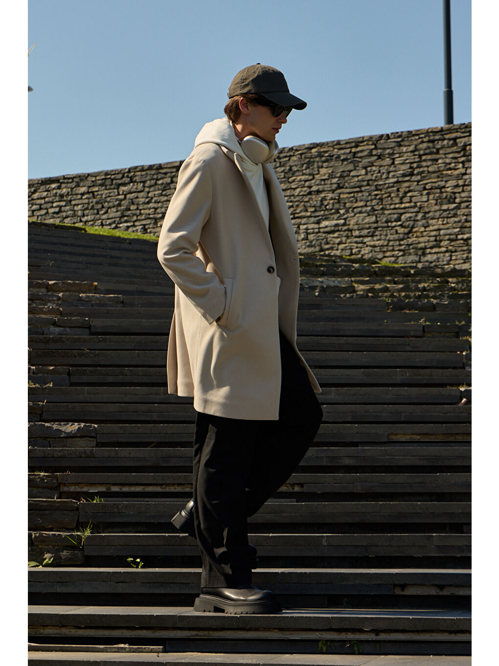 Erkek Rahat Kesim Kaşe Palto Ekru-6