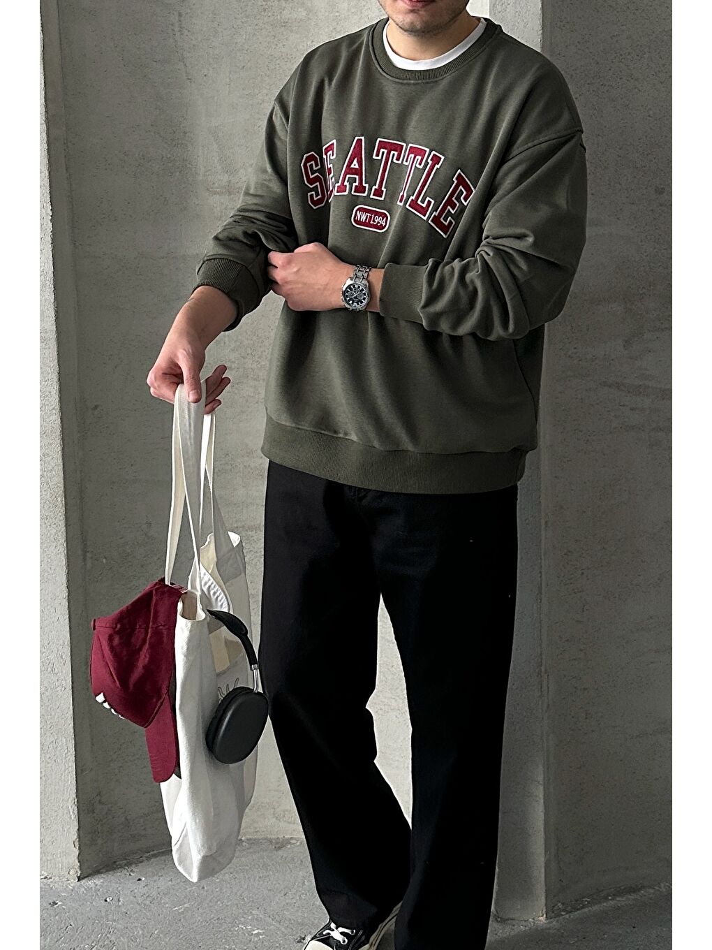 Haki Erkek Seattle Baskılı Oversize Sweatshirt-1