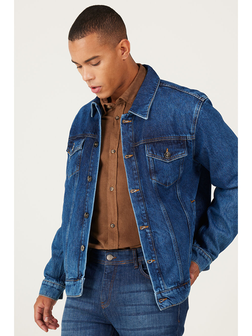 Erkek Lacivert Standart Fit Normal Kesim %100 Pamuk Denim Jean Ceket-2