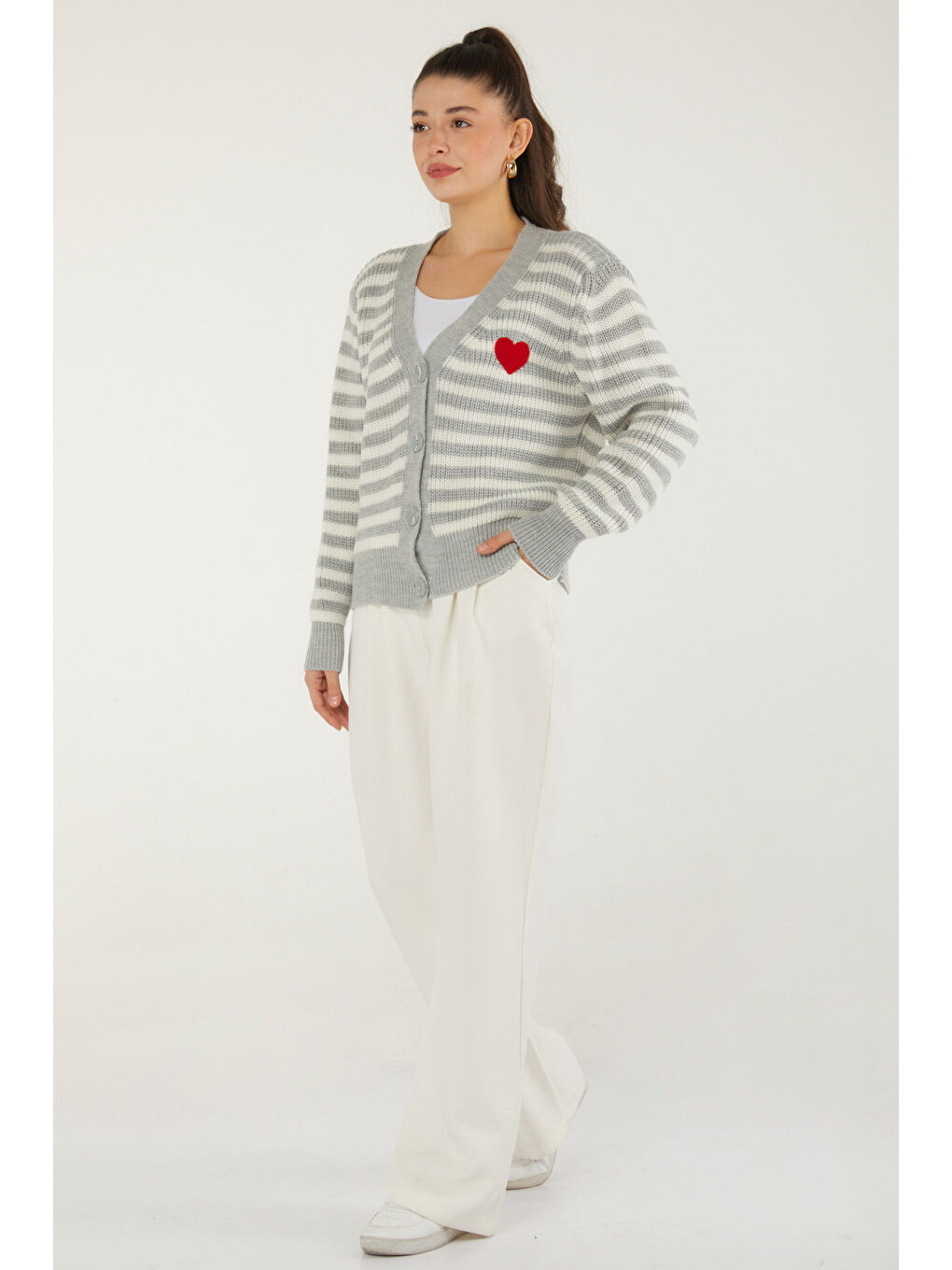 Çizgili Kalpli Triko Hırka Gri - 27637-3