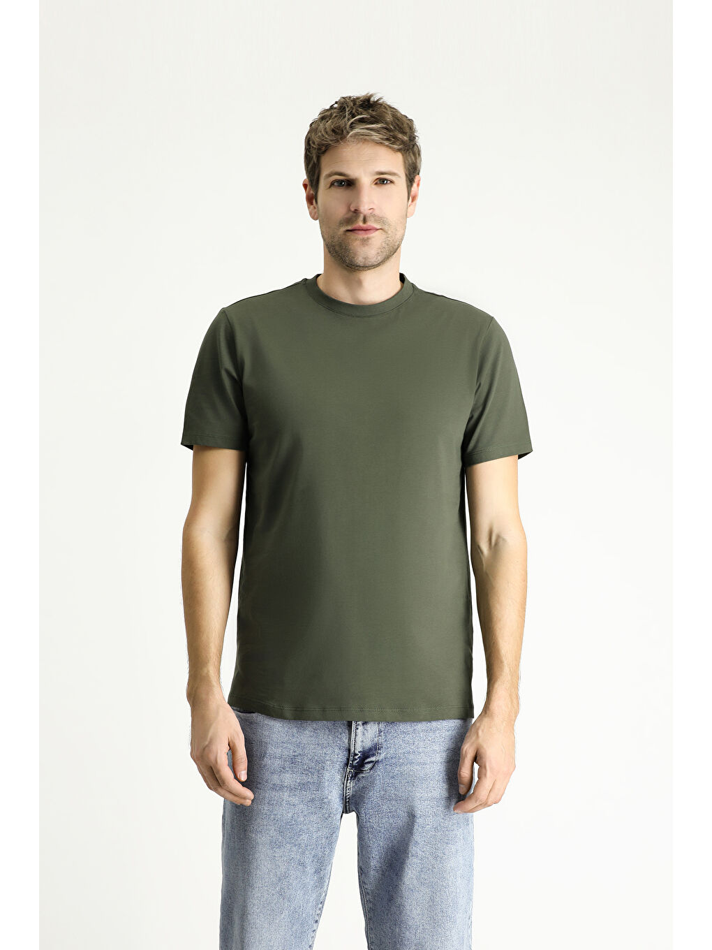 Haki Bisiklet Yaka Regular Fit Süprem Pamuk %100 Pamuk Tişört-2