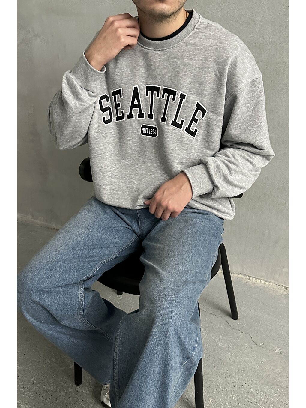 Gri Erkek Seattle Baskılı Oversize Sweatshirt-1