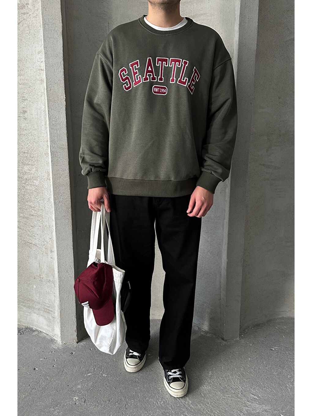 Haki Erkek Seattle Baskılı Oversize Sweatshirt-2