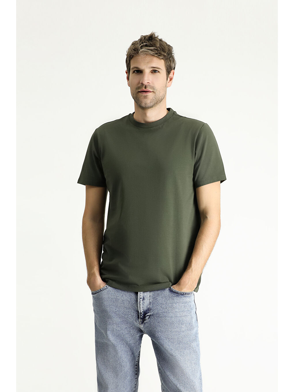 Haki Bisiklet Yaka Regular Fit Süprem Pamuk %100 Pamuk Tişört-1