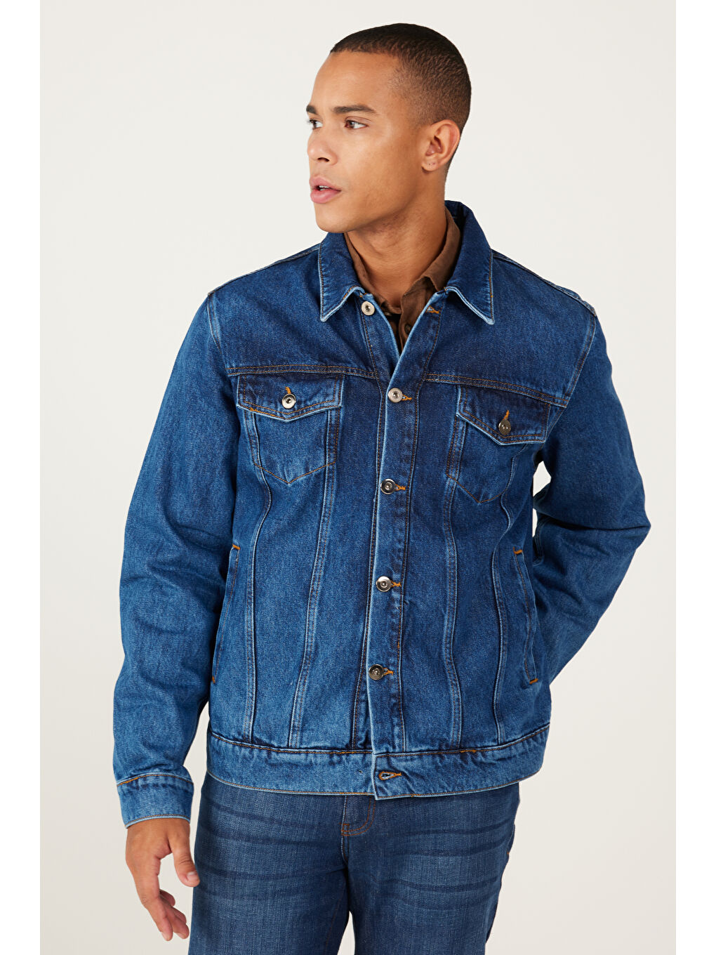 Erkek Lacivert Standart Fit Normal Kesim %100 Pamuk Denim Jean Ceket-4