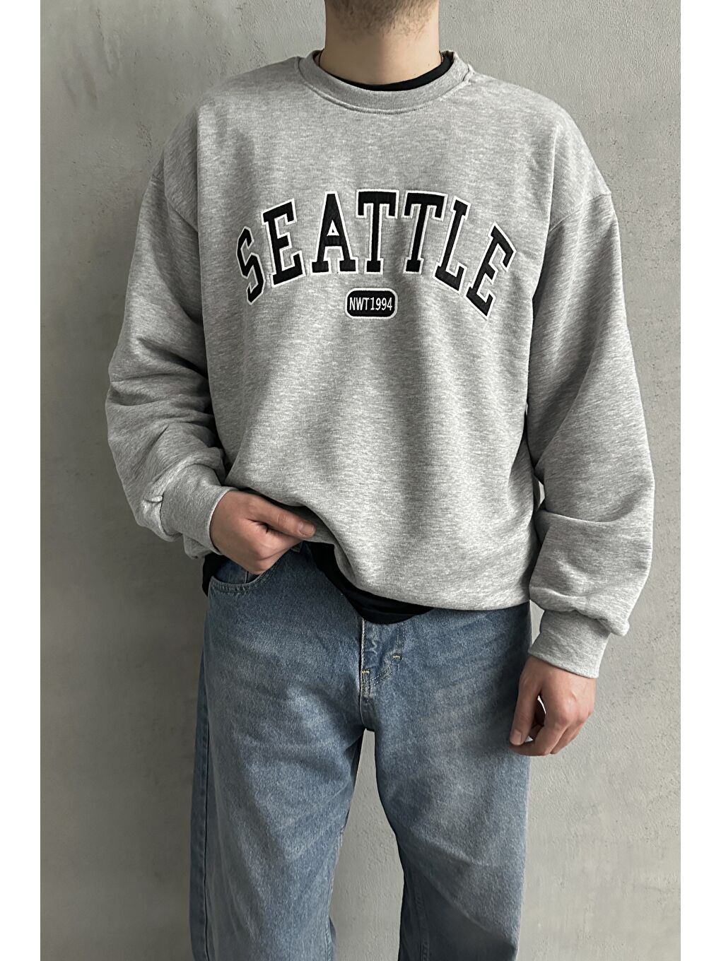 Gri Erkek Seattle Baskılı Oversize Sweatshirt-2