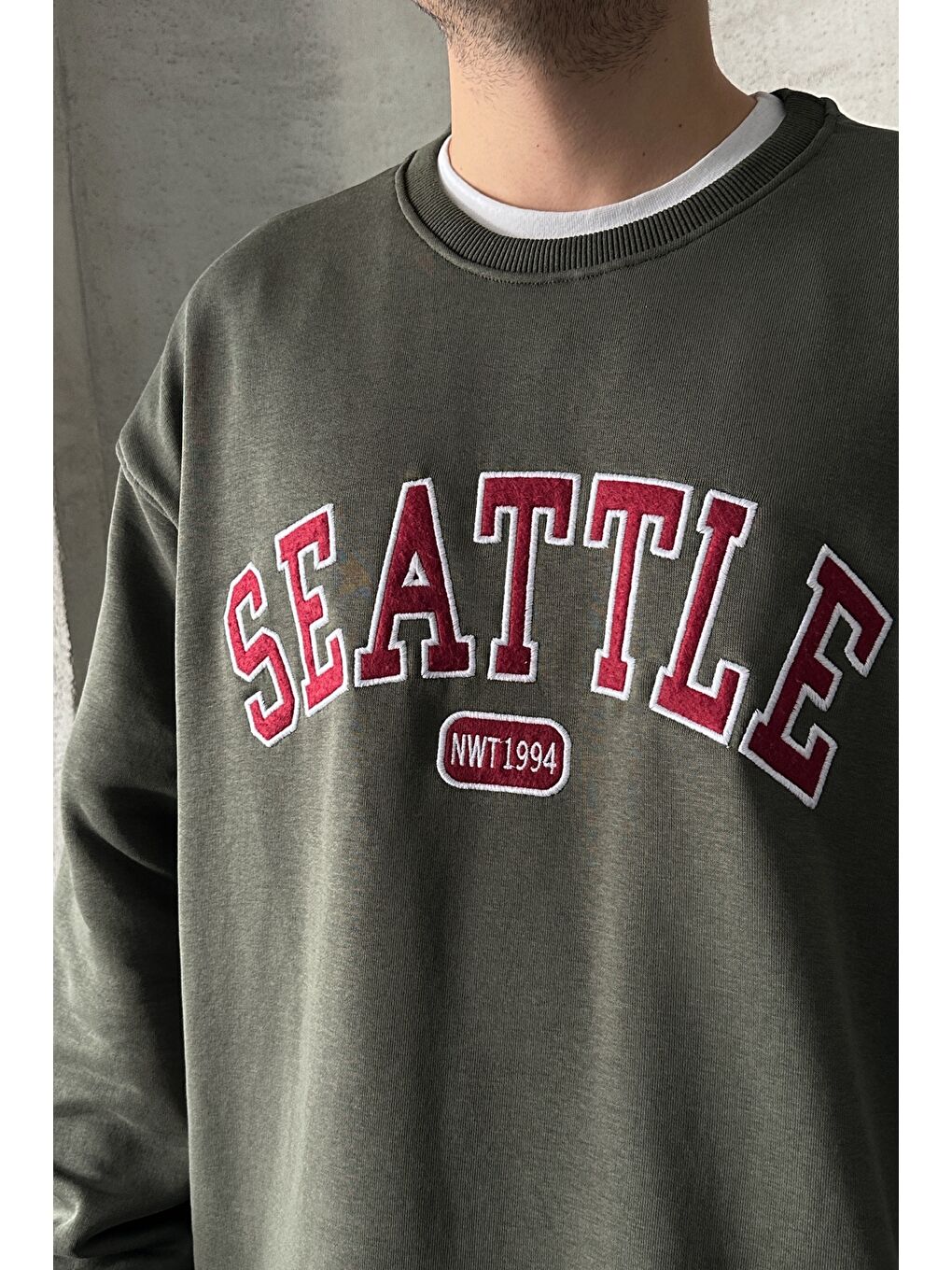Haki Erkek Seattle Baskılı Oversize Sweatshirt-3