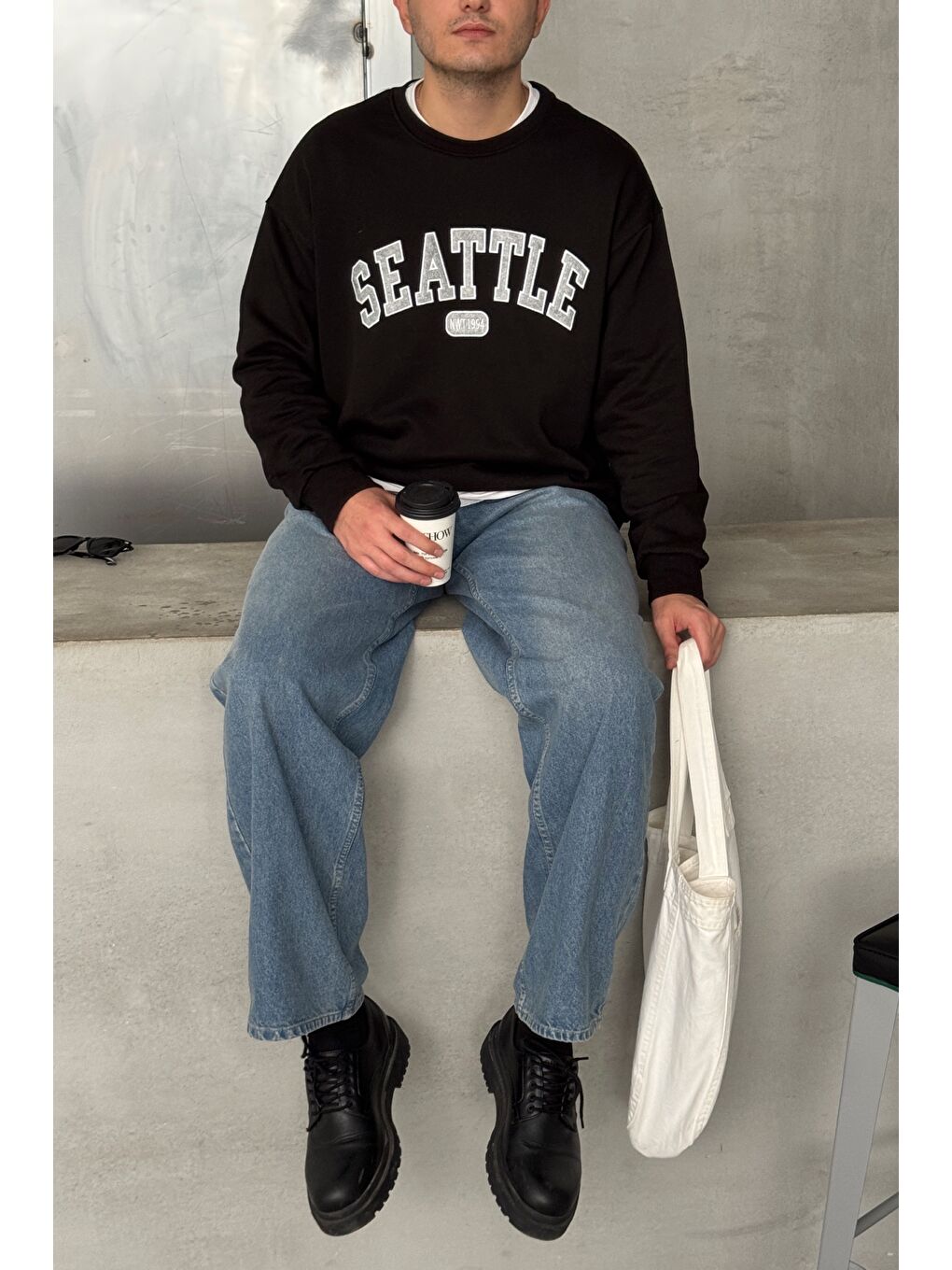 Siyah Erkek Seattle Baskılı Oversize Sweatshirt-3