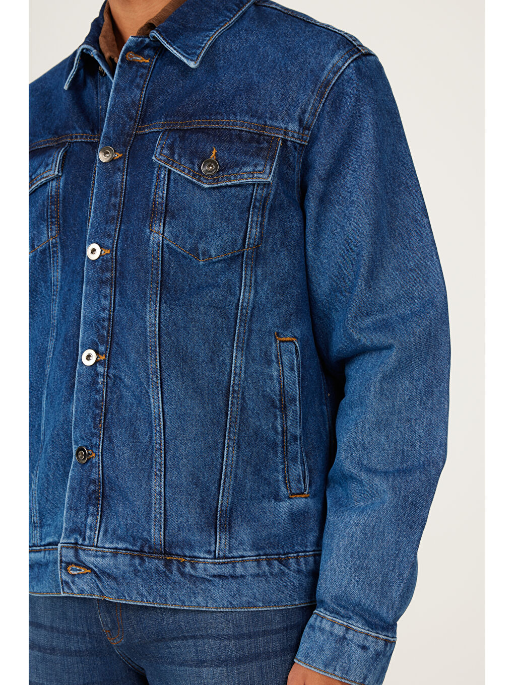 Erkek Lacivert Standart Fit Normal Kesim %100 Pamuk Denim Jean Ceket-5
