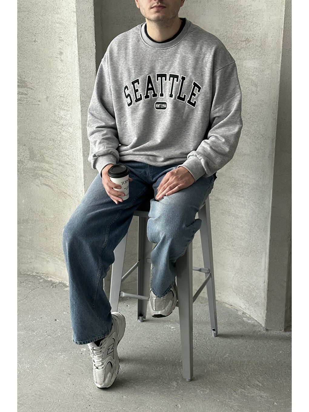 Gri Erkek Seattle Baskılı Oversize Sweatshirt-3