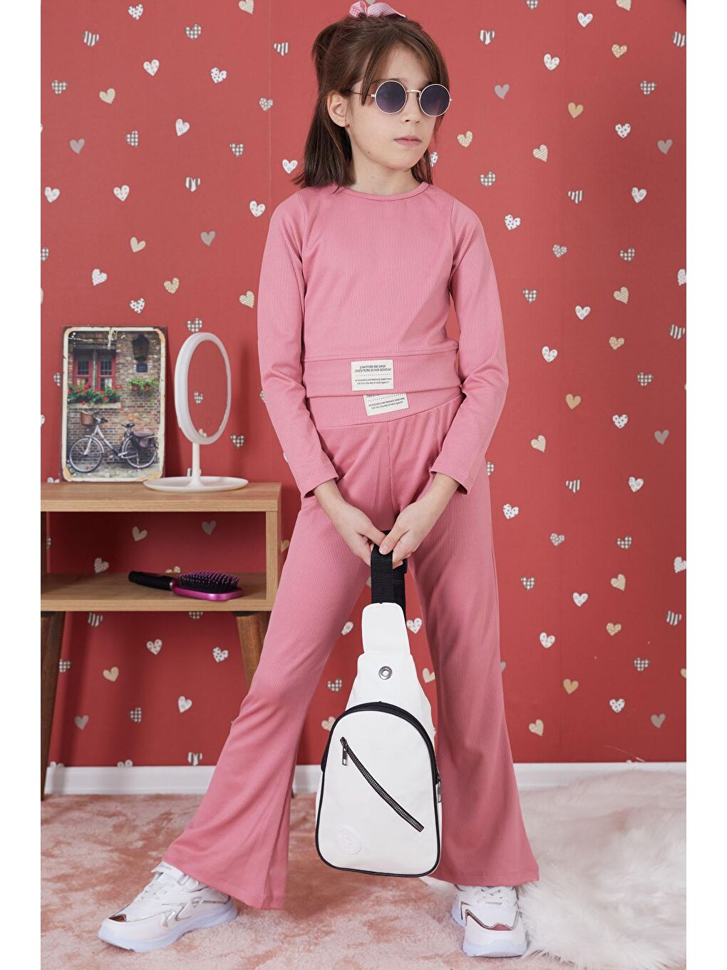 Pembe Fitilli İspanyol Paça Kız Çocuk Crop Takım 17258-1