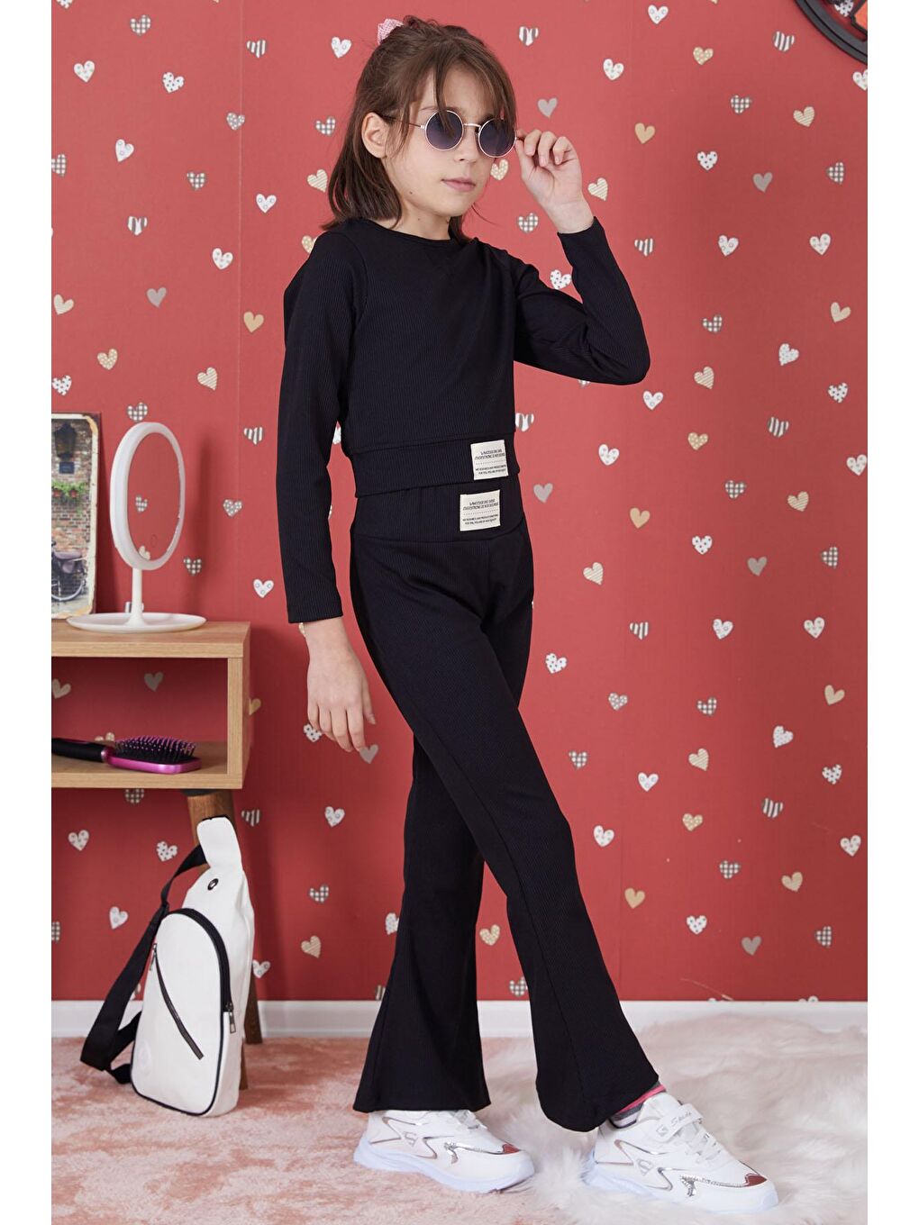 Siyah Fitilli İspanyol Paça Kız Çocuk Crop Takım 17261