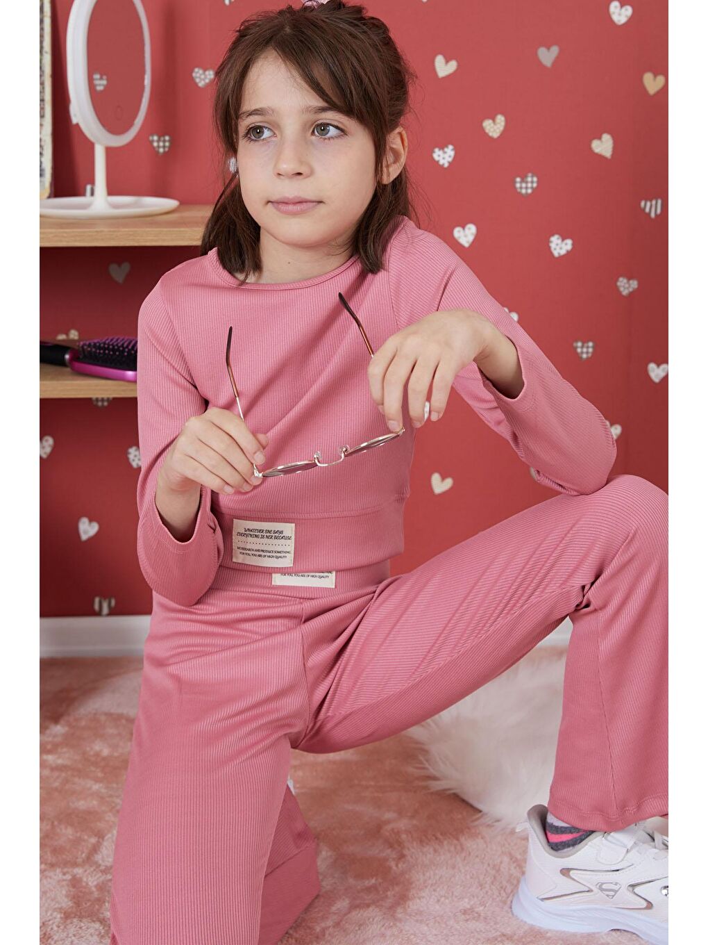 Pembe Fitilli İspanyol Paça Kız Çocuk Crop Takım 17258-2