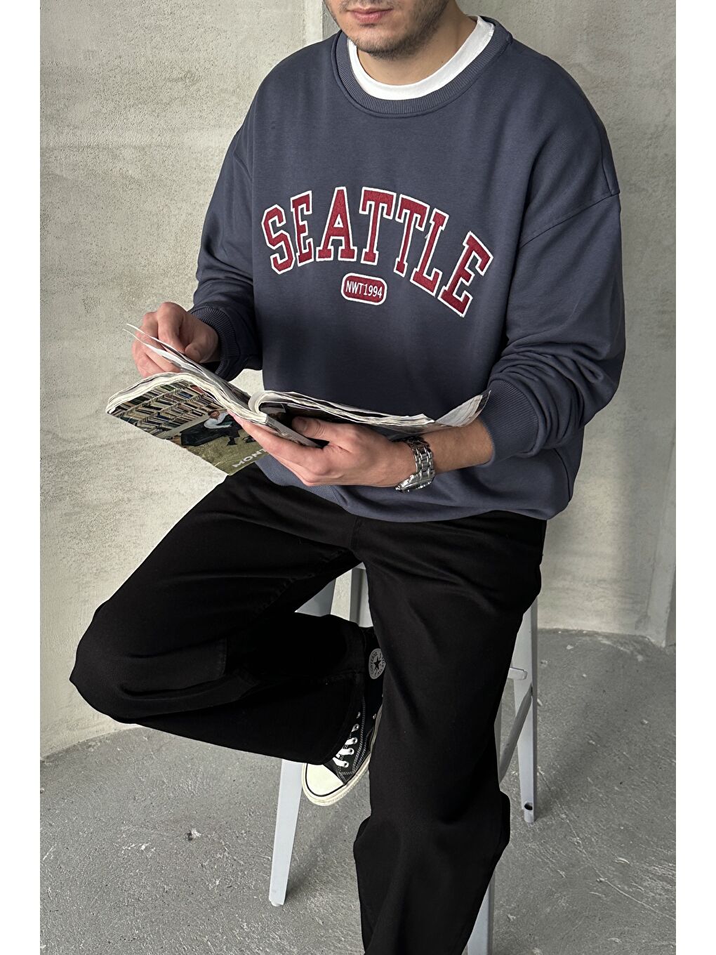 Gri Erkek Seattle Baskılı Oversize Sweatshirt