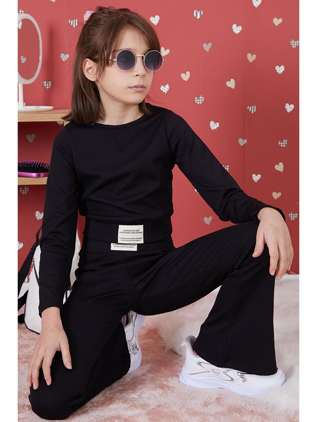 Siyah Fitilli İspanyol Paça Kız Çocuk Crop Takım 17261-1