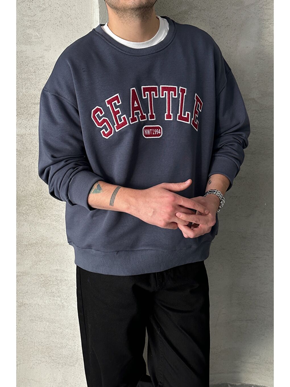 Gri Erkek Seattle Baskılı Oversize Sweatshirt-1