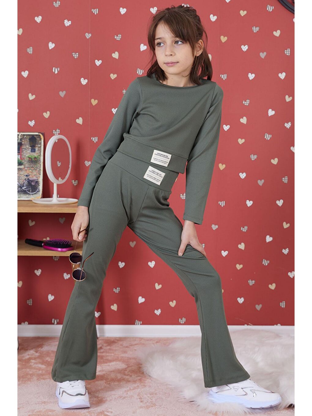 Koyu Yeşil Fitilli İspanyol Paça Kız Çocuk Crop Takım 17262