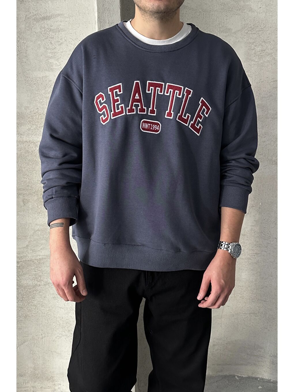 Gri Erkek Seattle Baskılı Oversize Sweatshirt-2