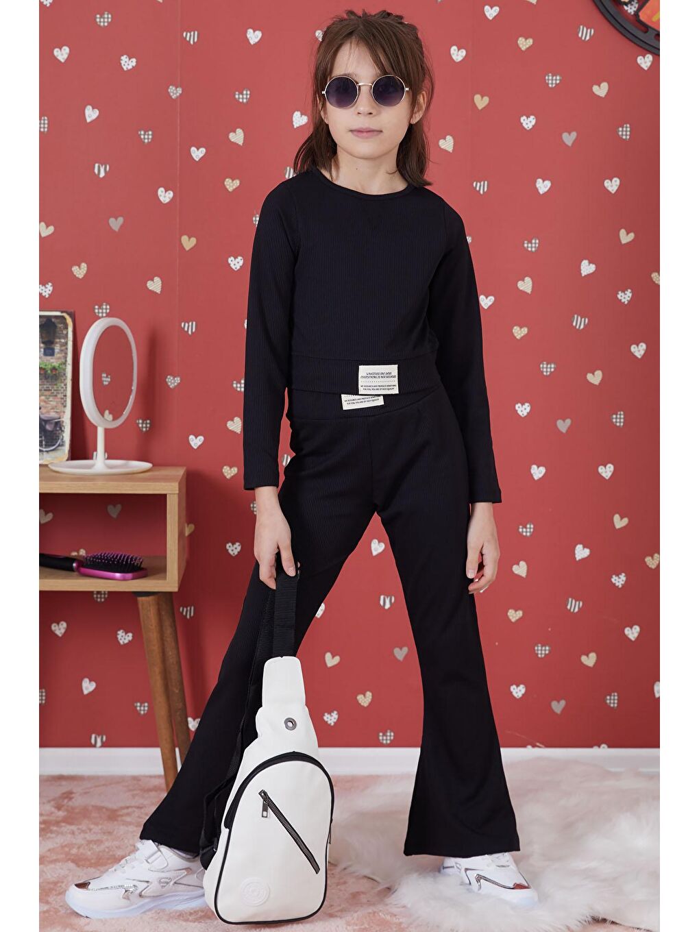 Siyah Fitilli İspanyol Paça Kız Çocuk Crop Takım 17261-2