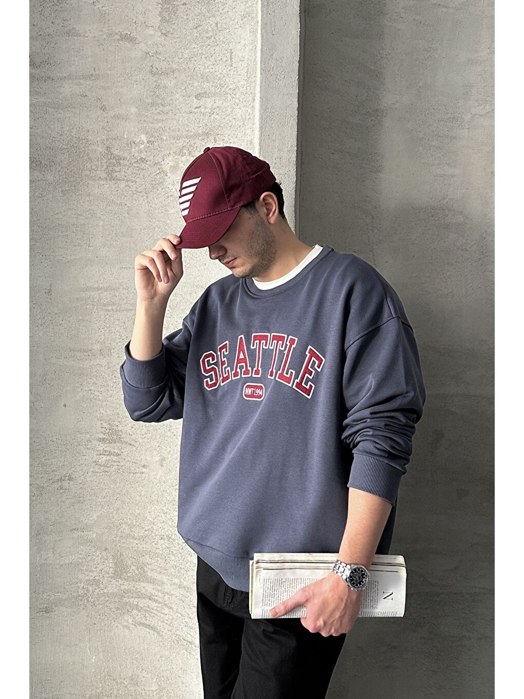 Gri Erkek Seattle Baskılı Oversize Sweatshirt-3