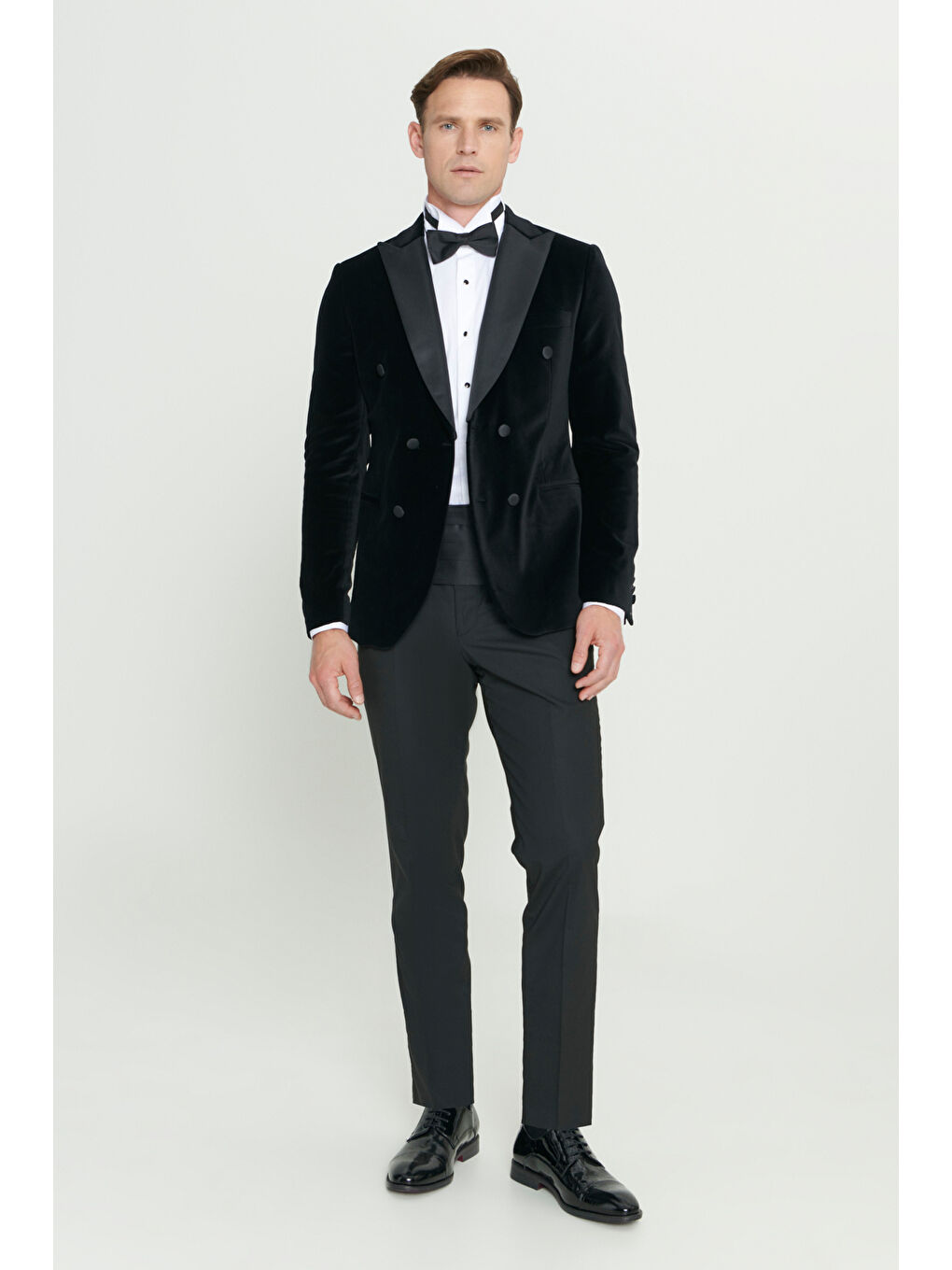 Erkek Siyah Slim Fit Dar Kesim Kırlangıç Yaka %100 Pamuk Kadife Smokin Takım-2