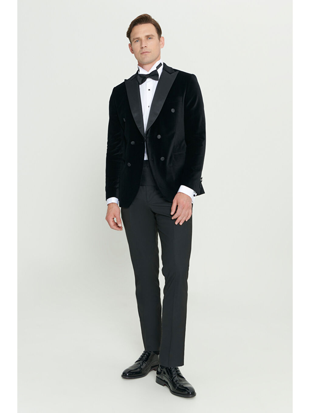 Erkek Siyah Slim Fit Dar Kesim Kırlangıç Yaka %100 Pamuk Kadife Smokin Takım-3