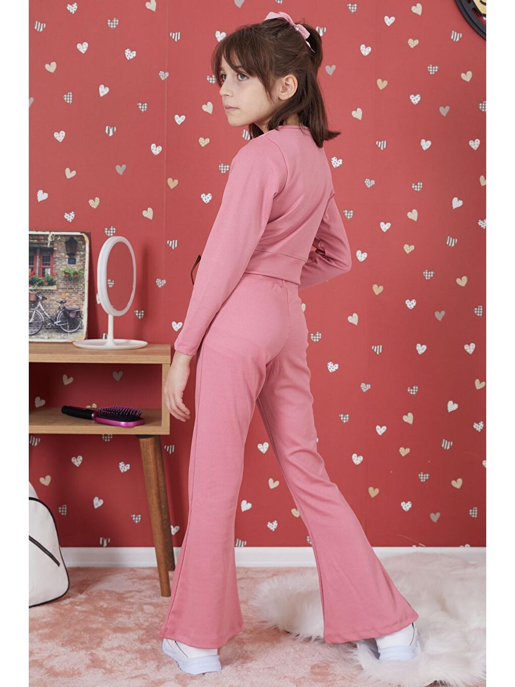 Pembe Fitilli İspanyol Paça Kız Çocuk Crop Takım 17258-4