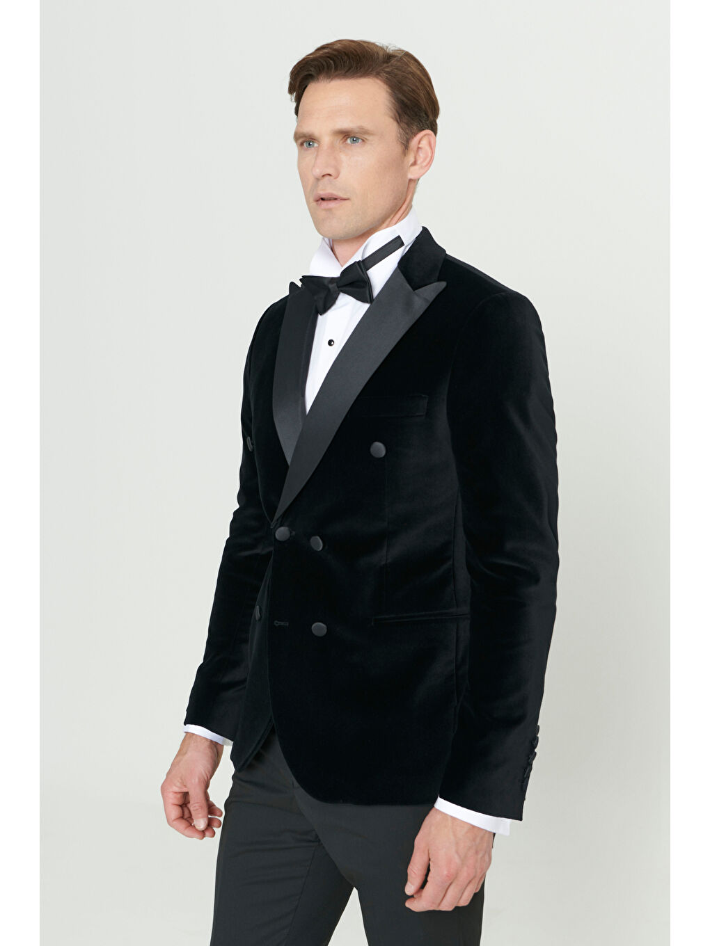 Erkek Siyah Slim Fit Dar Kesim Kırlangıç Yaka %100 Pamuk Kadife Smokin Takım-5