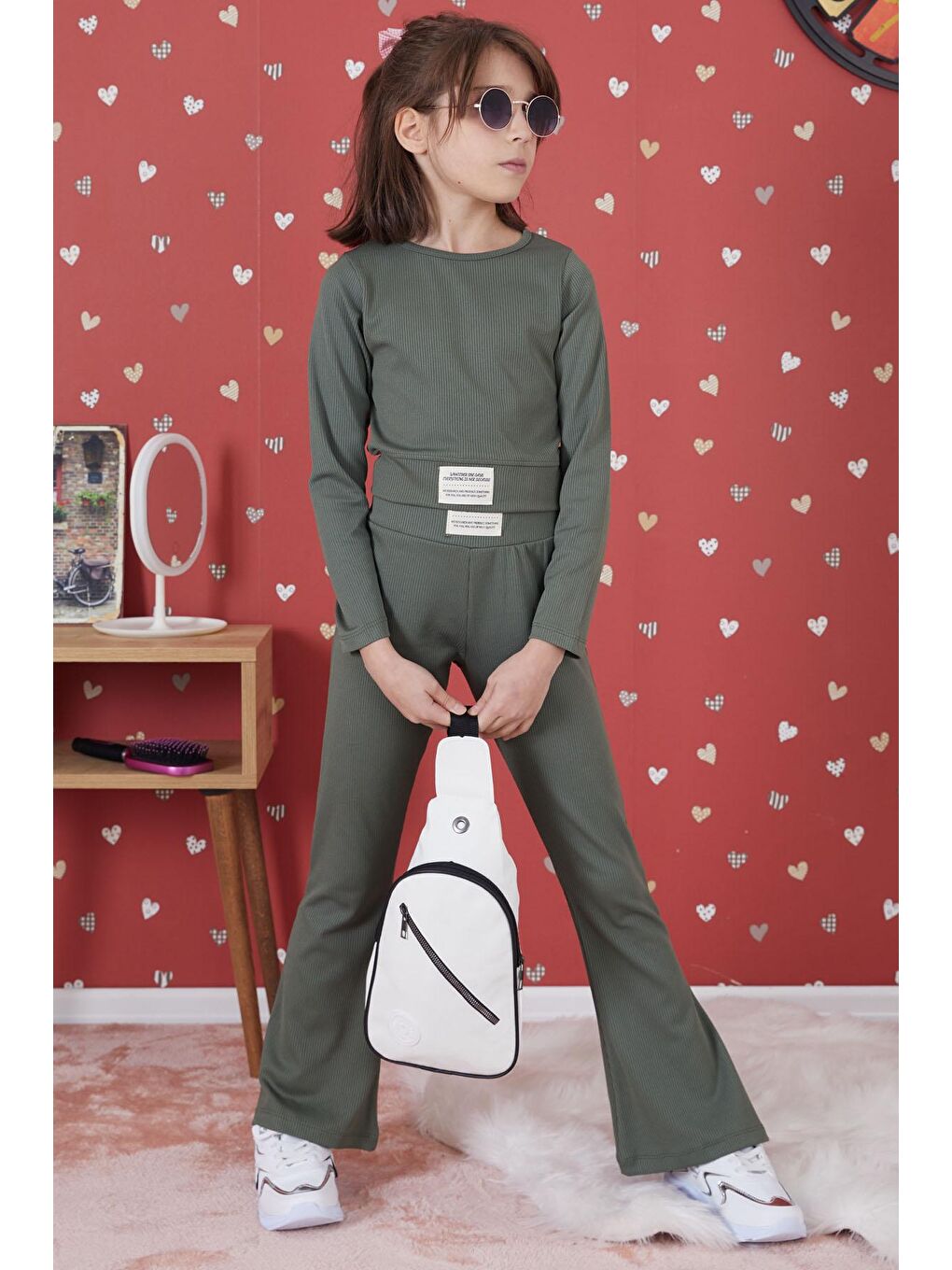 Koyu Yeşil Fitilli İspanyol Paça Kız Çocuk Crop Takım 17262-1