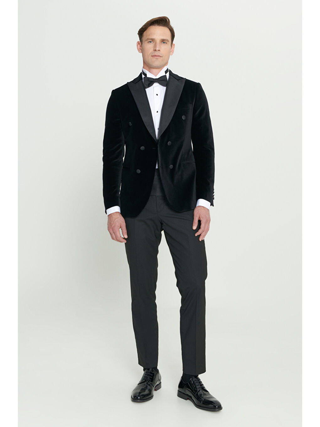 Erkek Siyah Slim Fit Dar Kesim Kırlangıç Yaka %100 Pamuk Kadife Smokin Takım-9