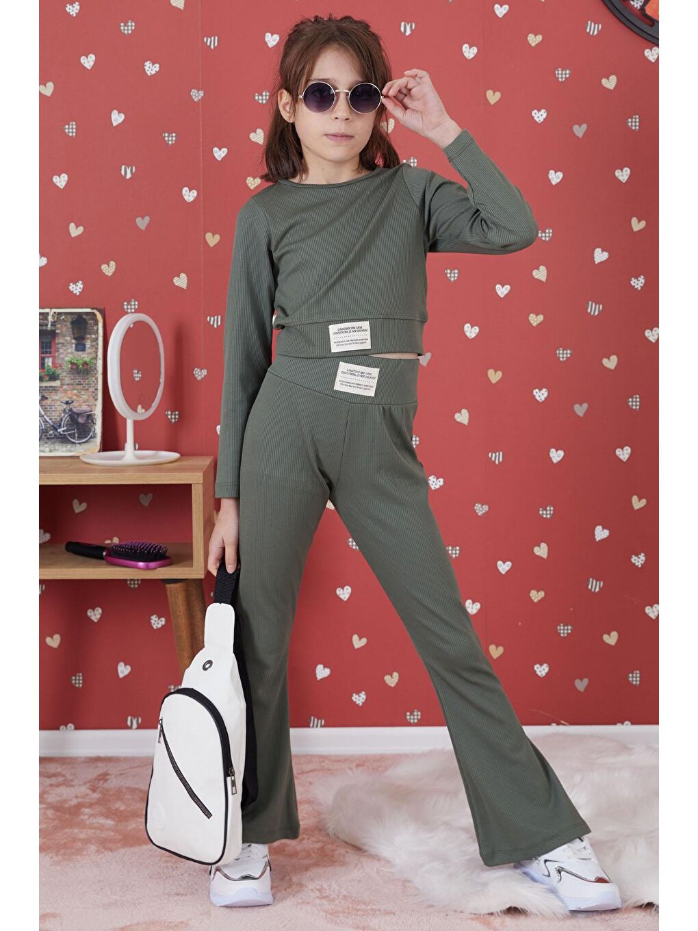 Koyu Yeşil Fitilli İspanyol Paça Kız Çocuk Crop Takım 17262-2
