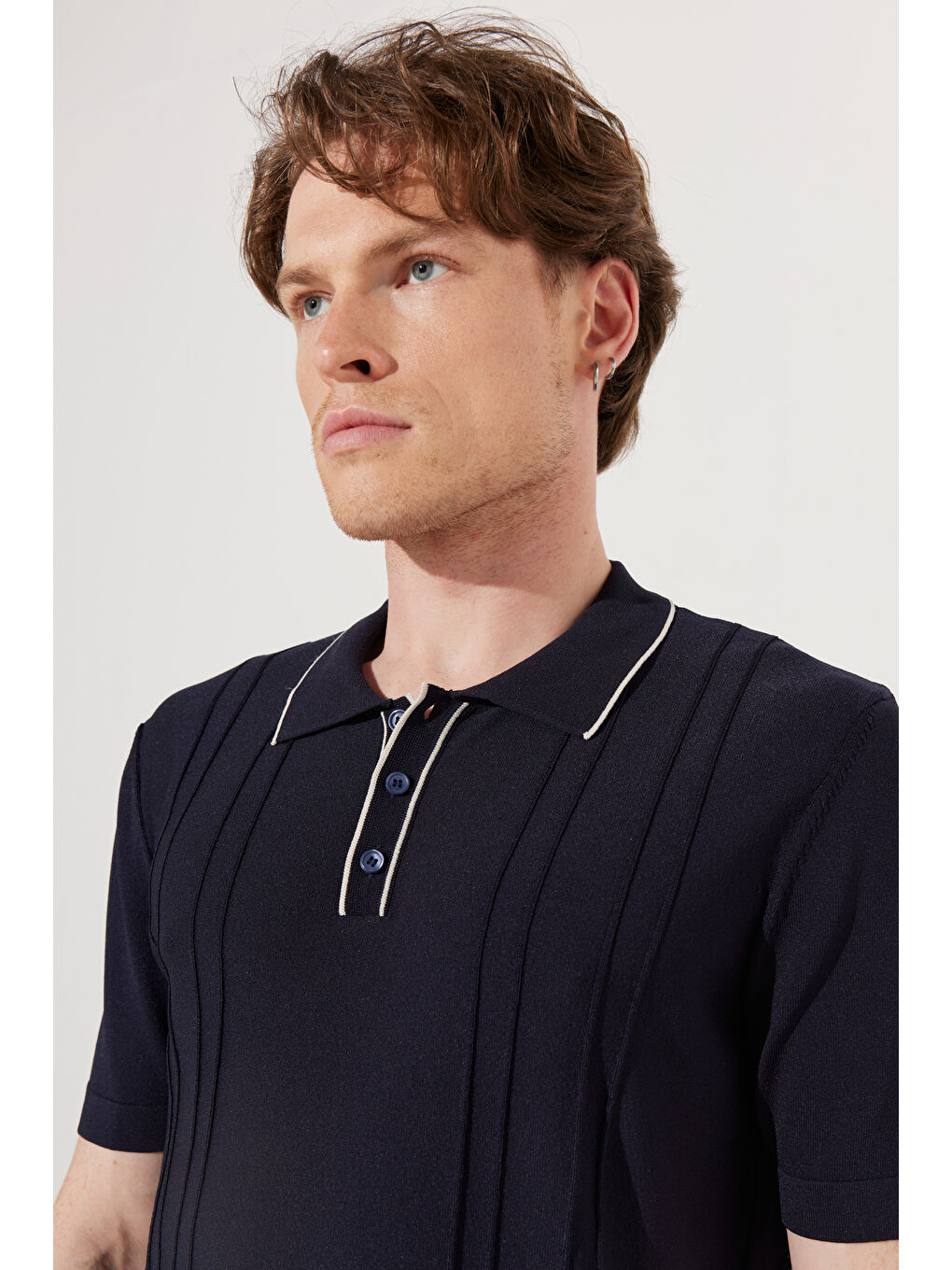 Erkek Lacivert Standart Fit Normal Kesim Polo Yaka Kısa Kollu Desenli Triko-4