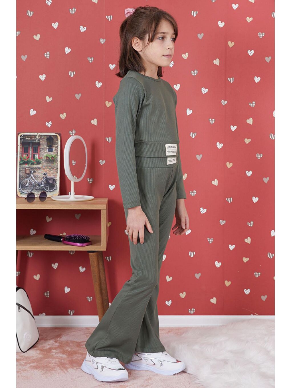 Koyu Yeşil Fitilli İspanyol Paça Kız Çocuk Crop Takım 17262-3