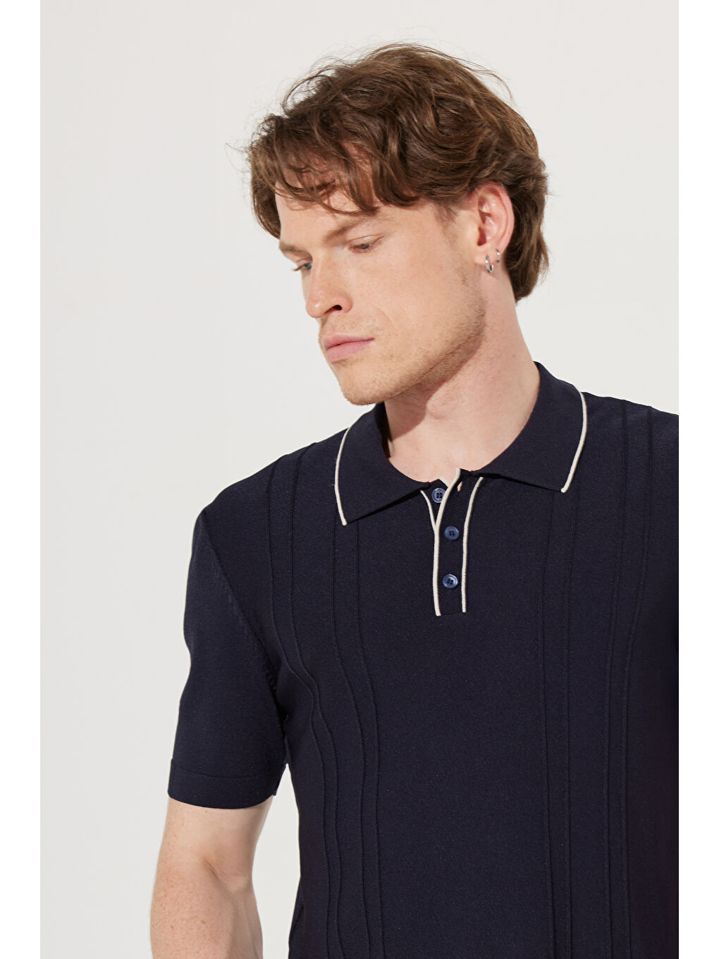 Erkek Lacivert Standart Fit Normal Kesim Polo Yaka Kısa Kollu Desenli Triko-5