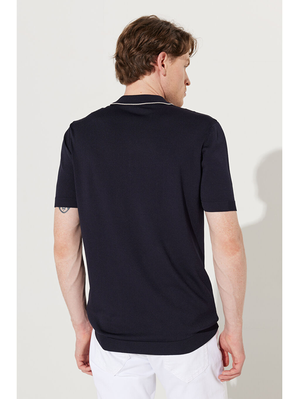 Erkek Lacivert Standart Fit Normal Kesim Polo Yaka Kısa Kollu Desenli Triko-6