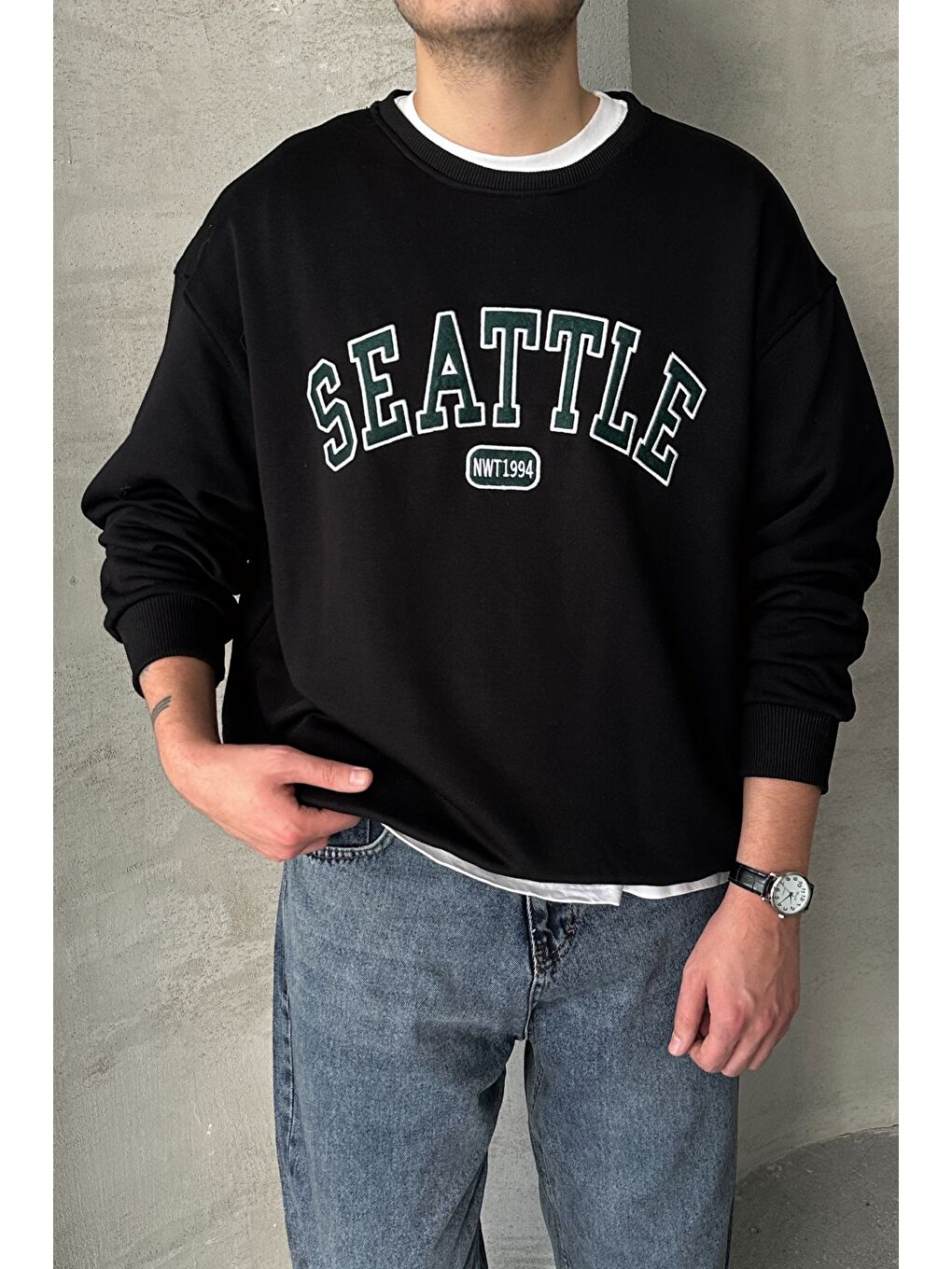 Karışık Erkek Seattle Baskılı Oversize Sweatshirt