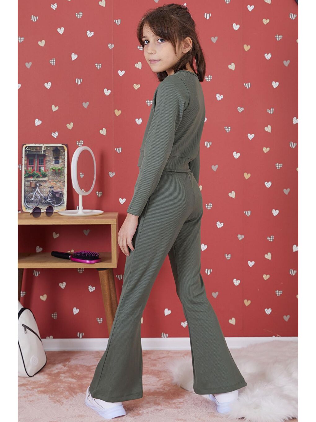 Koyu Yeşil Fitilli İspanyol Paça Kız Çocuk Crop Takım 17262-4