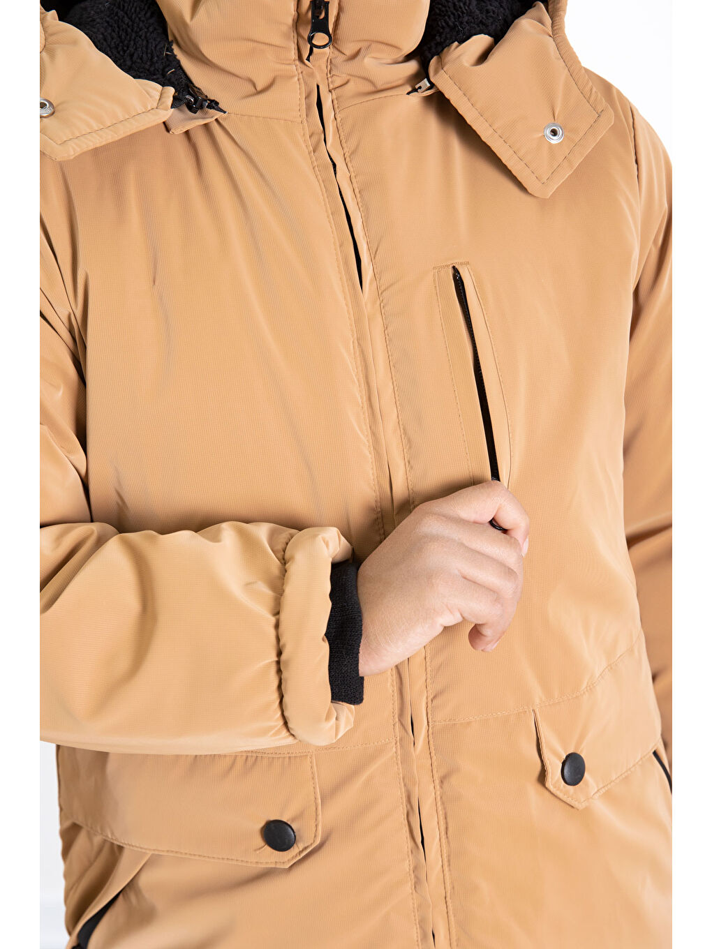 Sarı Hardal Fermuarlı Göğüs Cepli İçi Kürklü Erkek Çocuk Kapüşonlu Mont 21357-3