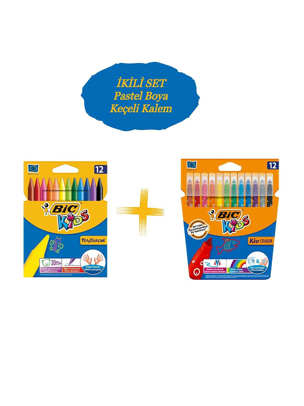 Bic Karışık Asorti Kids 12'li Keçeli Boya Kalemi+12'li Plastidecor Silinebilir Mum Pastel Boya