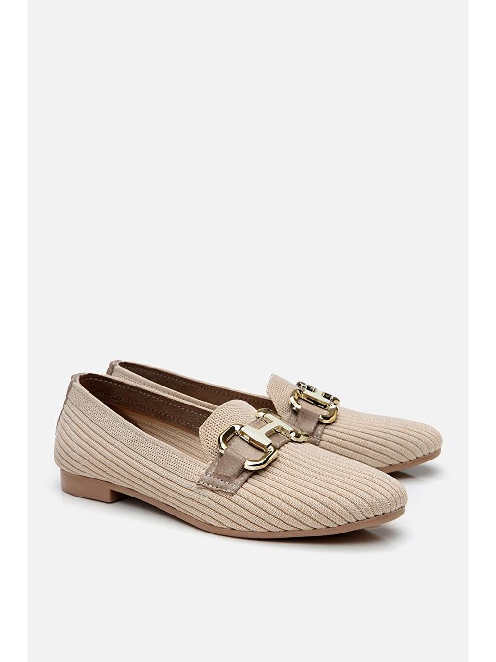 Kadın Bej Örgü Detaylı Tokalı Günlük Loafer-1