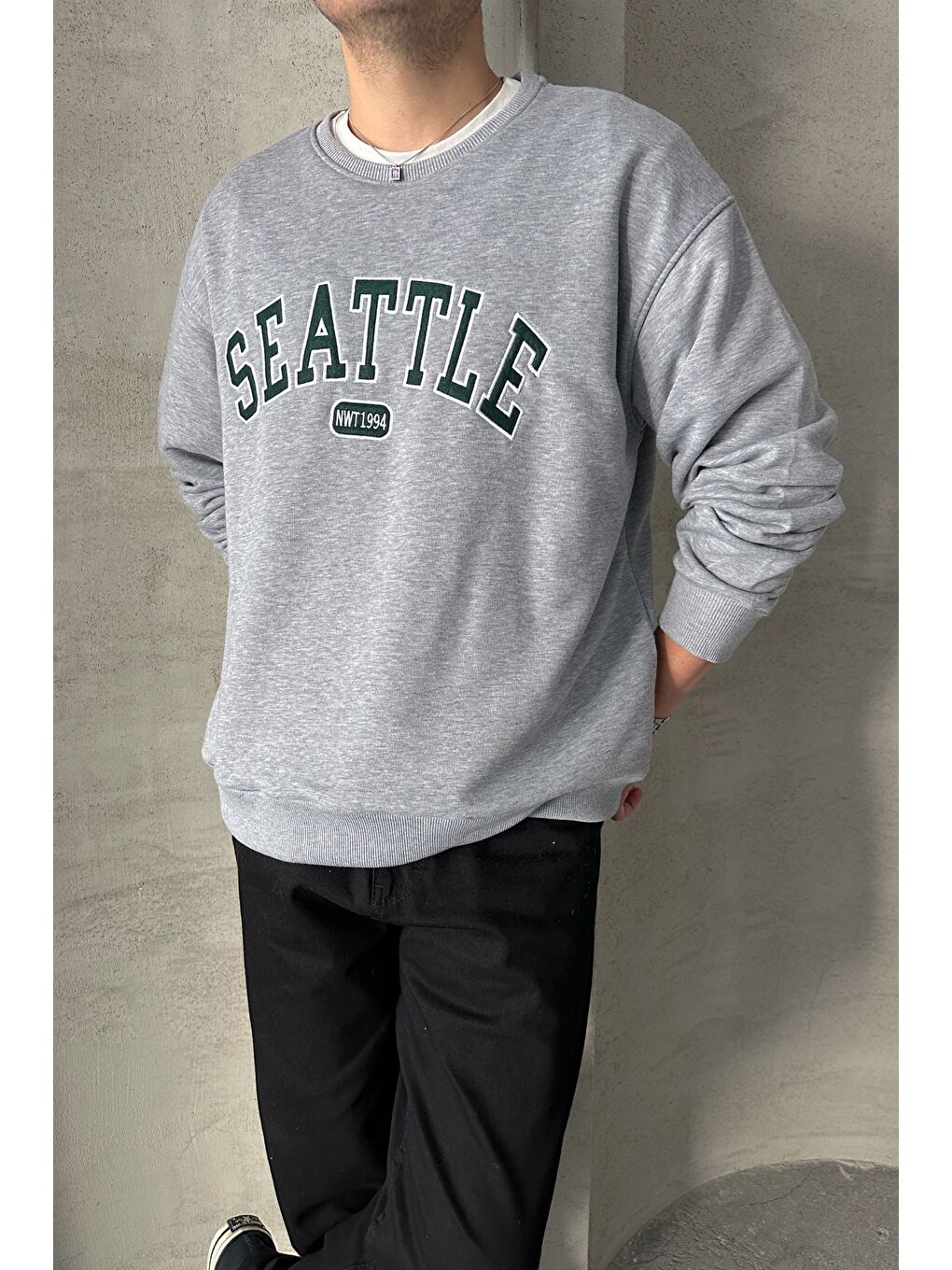 Gri Erkek Seattle Baskılı Oversize Sweatshirt-2