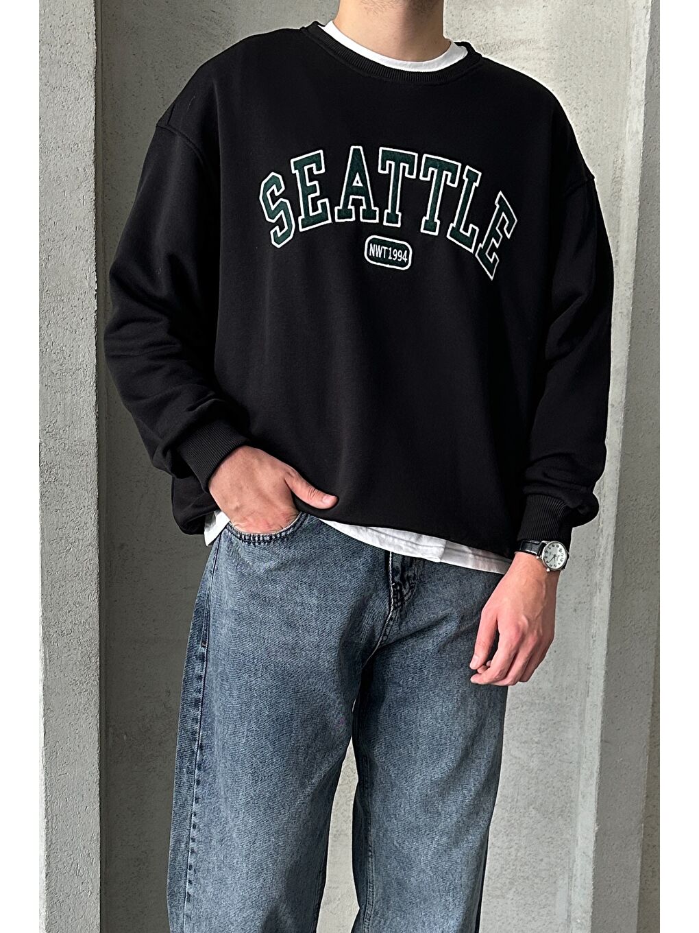 Karışık Erkek Seattle Baskılı Oversize Sweatshirt-1