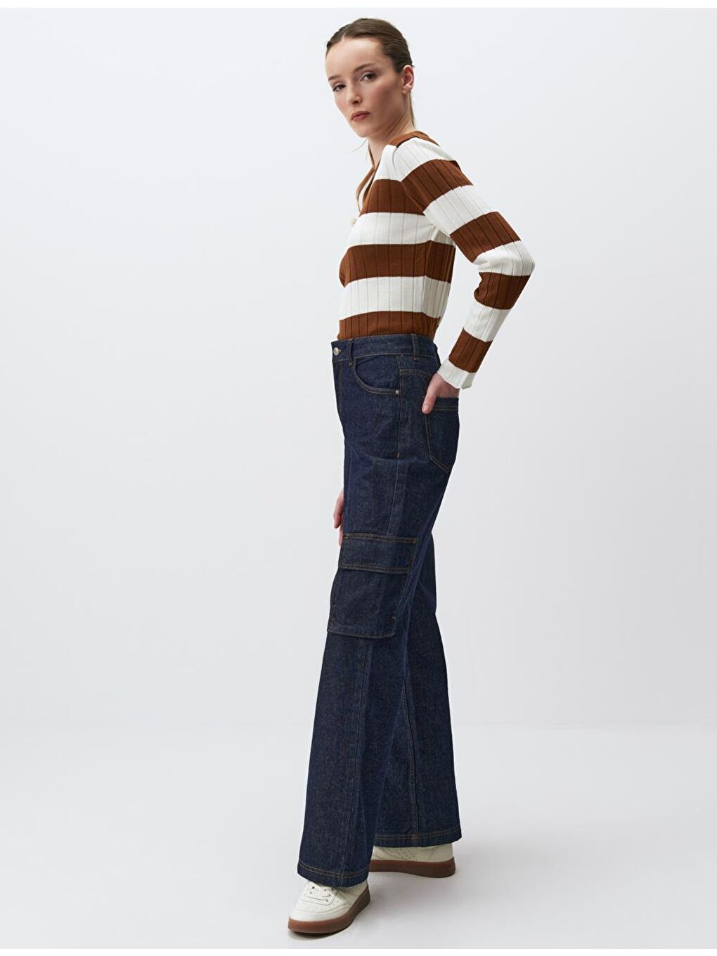 Koyu İndigo Mavi Yüksek Bel Bol Paça Kargo Jean Pantolon